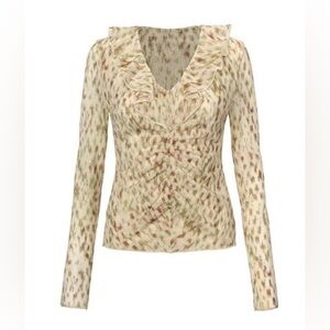 CAbi Dapple Print Rouched Long Sleeve Fall Y2K Semi-Sheer Blouse Cream Small